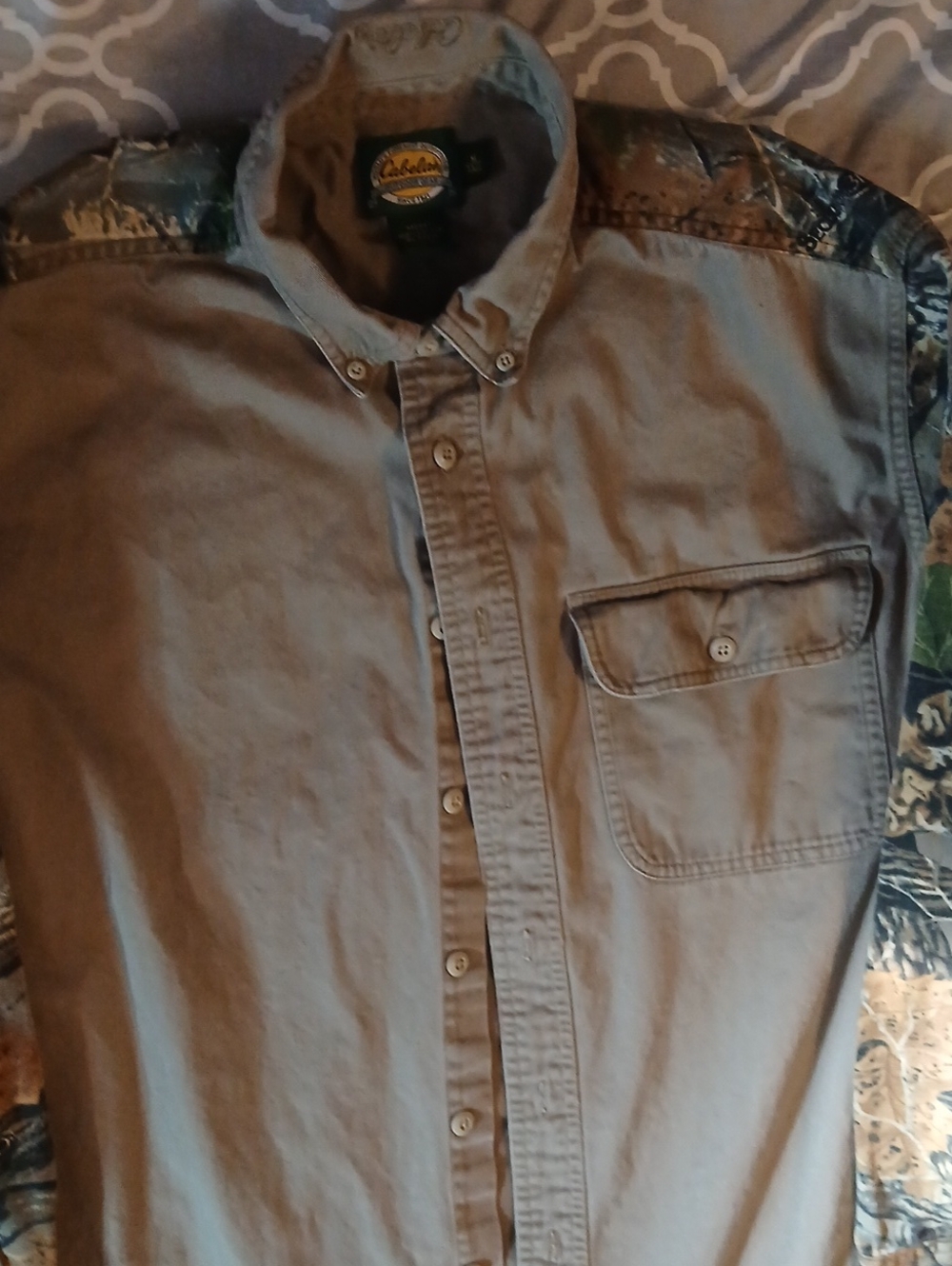 Cabela's Men's Button-Down Shirt in Taupe with Camo Accents